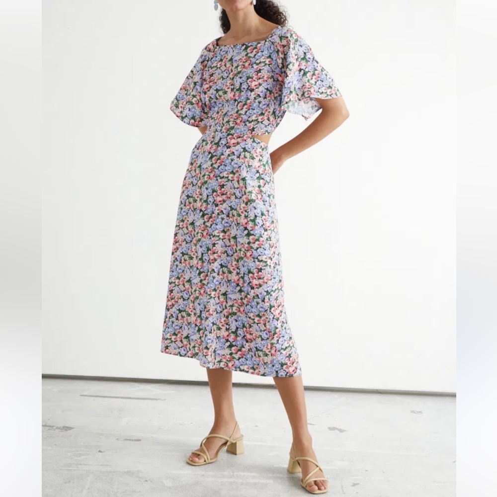 & Other Stories Floral Print Cut Out Flutter Sleeve Midi Dress